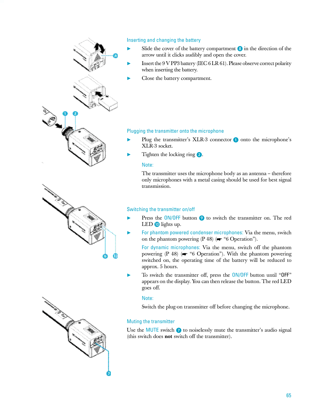 Sennheiser ew500 manual Inserting and changing the battery, Plugging the transmitter onto the microphone 