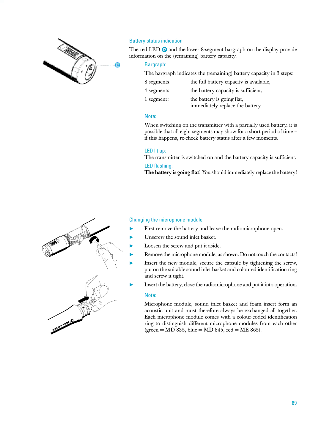 Sennheiser ew500 manual Battery status indication, Changing the microphone module 