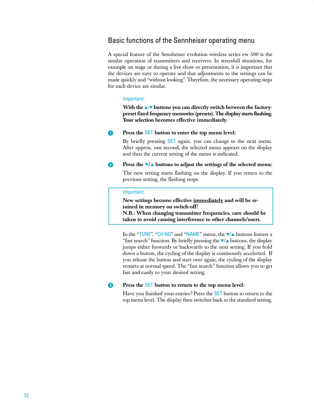 Sennheiser ew500 manual Basic functions of the Sennheiser operating menu 