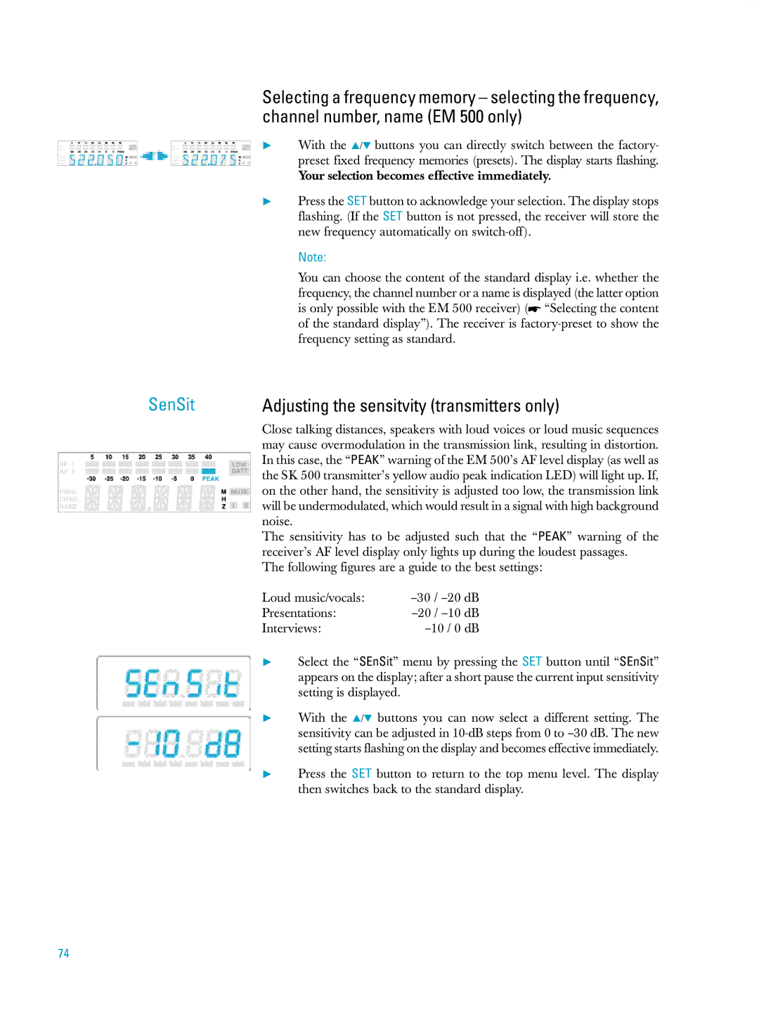 Sennheiser ew500 manual Adjusting the sensitvity transmitters only 