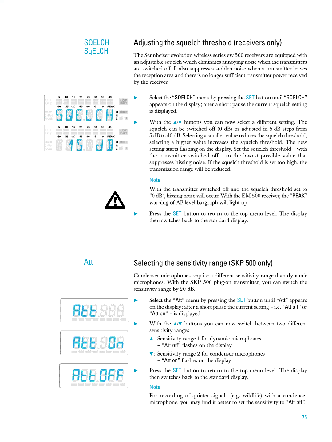 Sennheiser ew500 manual Adjusting the squelch threshold receivers only, Selecting the sensitivity range SKP 500 only 