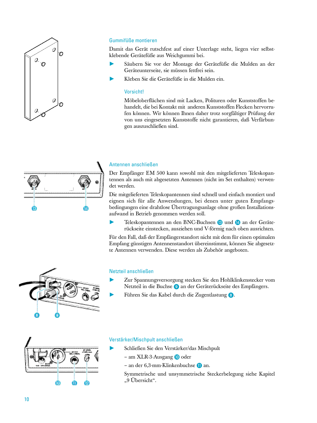 Sennheiser ew500 manual Gummifüße montieren, Vorsicht, Antennen anschließen, Netzteil anschließen 