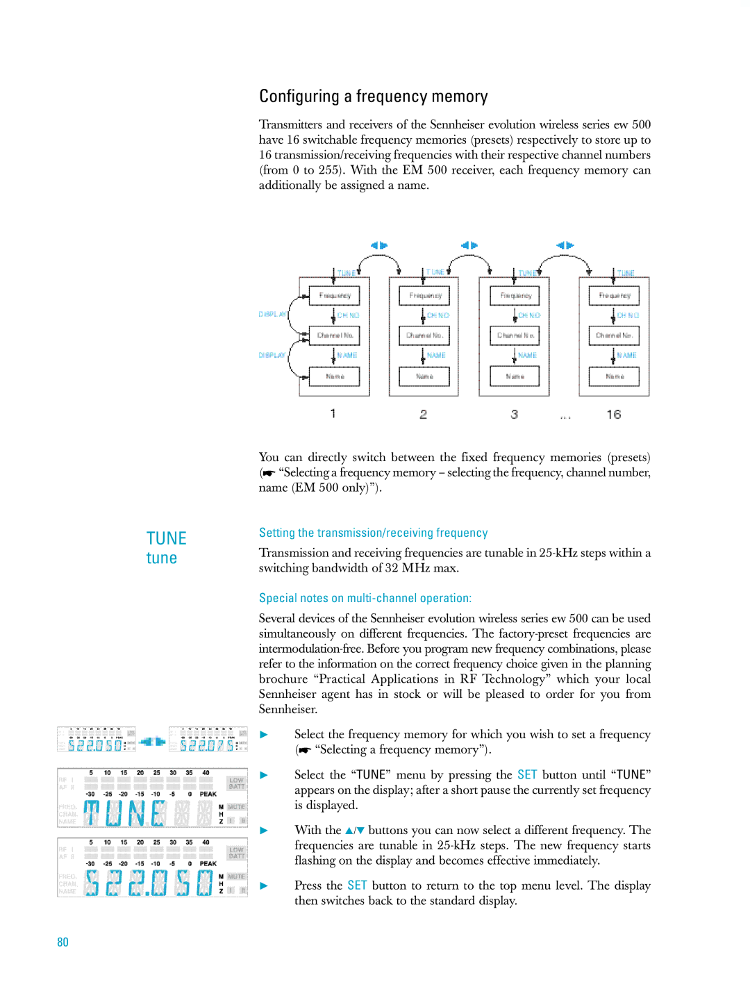 Sennheiser ew500 manual Configuring a frequency memory, Setting the transmission/receiving frequency 