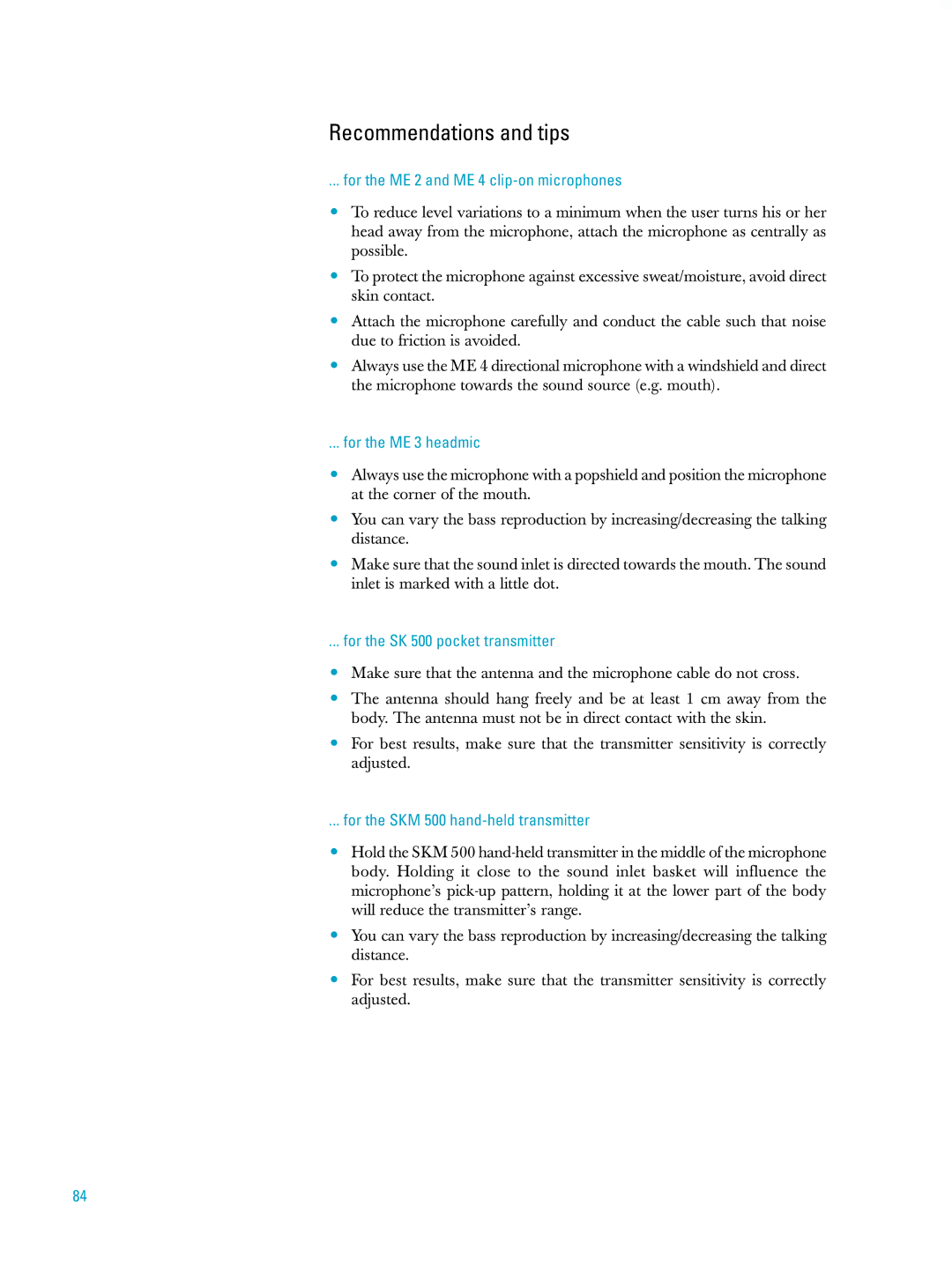 Sennheiser ew500 manual Recommendations and tips, For the ME 2 and ME 4 clip-on microphones, For the ME 3 headmic 