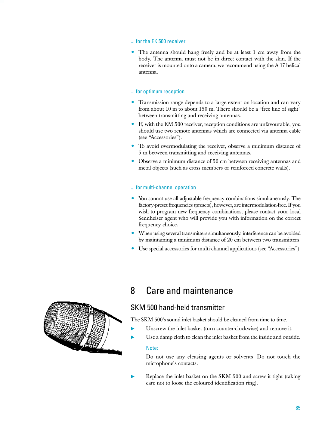 Sennheiser ew500 manual Care and maintenance, For the EK 500 receiver, For optimum reception, For multi-channel operation 