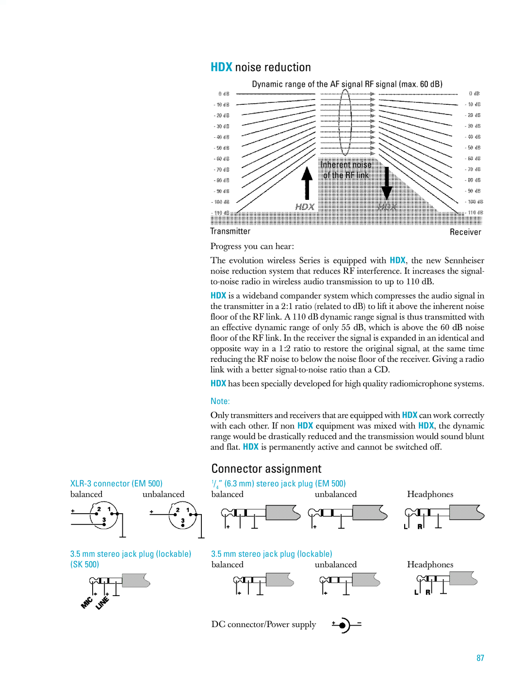 Sennheiser ew500 manual HDX noise reduction, Connector assignment, XLR-3 connector EM 6.3 mm stereo jack plug EM 