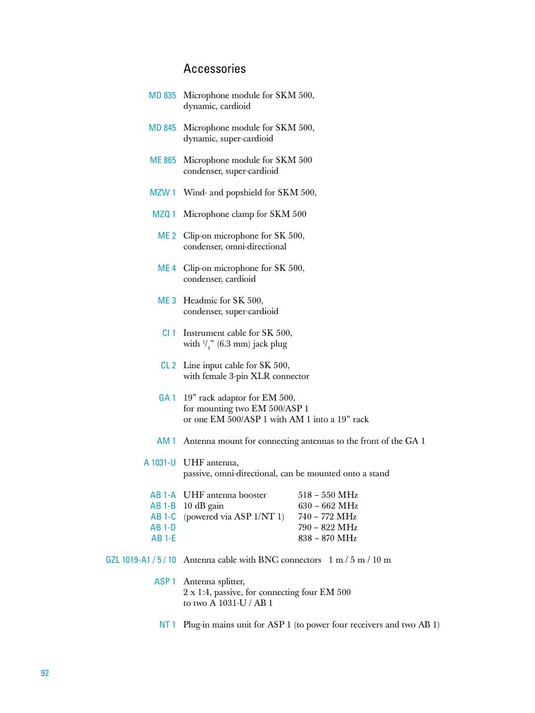 Sennheiser ew500 manual Accessories 