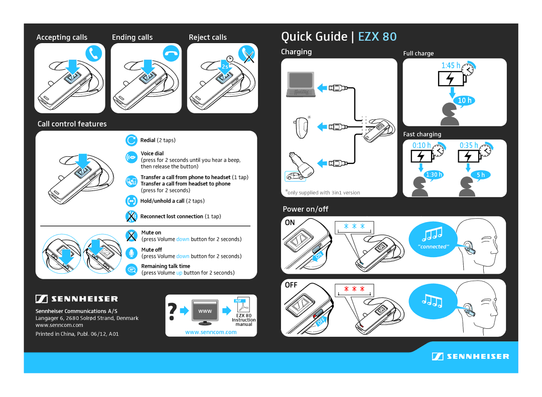 Sennheiser EZX 80 instruction manual Quick Guide EZX, Off 