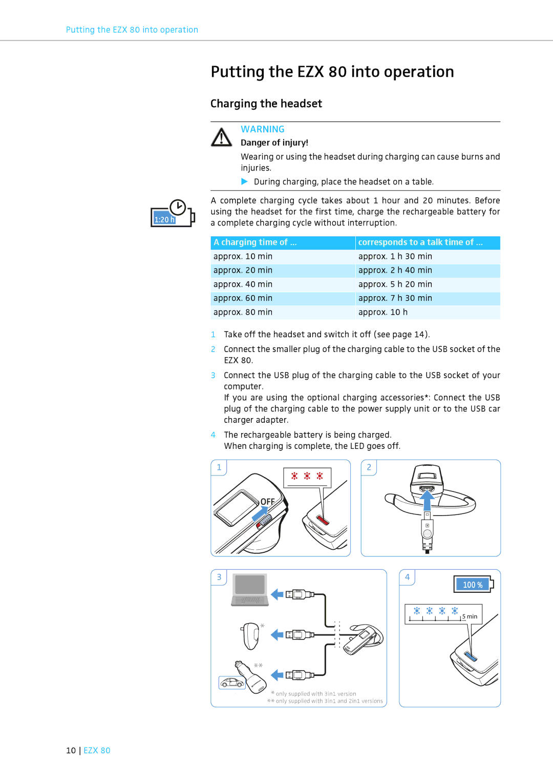 Sennheiser Putting the EZX 80 into operation, Charging the headset, Charging time Corresponds to a talk time 