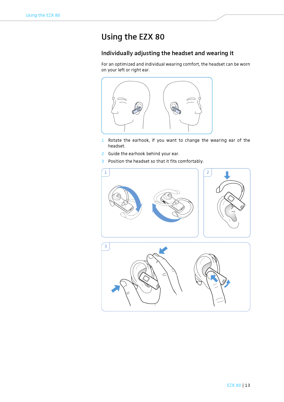 Sennheiser EZX 80 instruction manual Using the EZX, Individually adjusting the headset and wearing it 