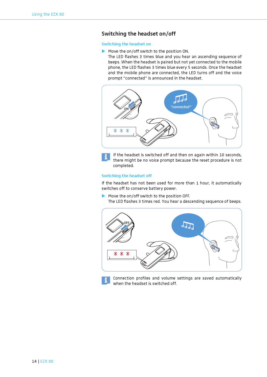 Sennheiser EZX 80 instruction manual Switching the headset on/off, Switching the headset off 