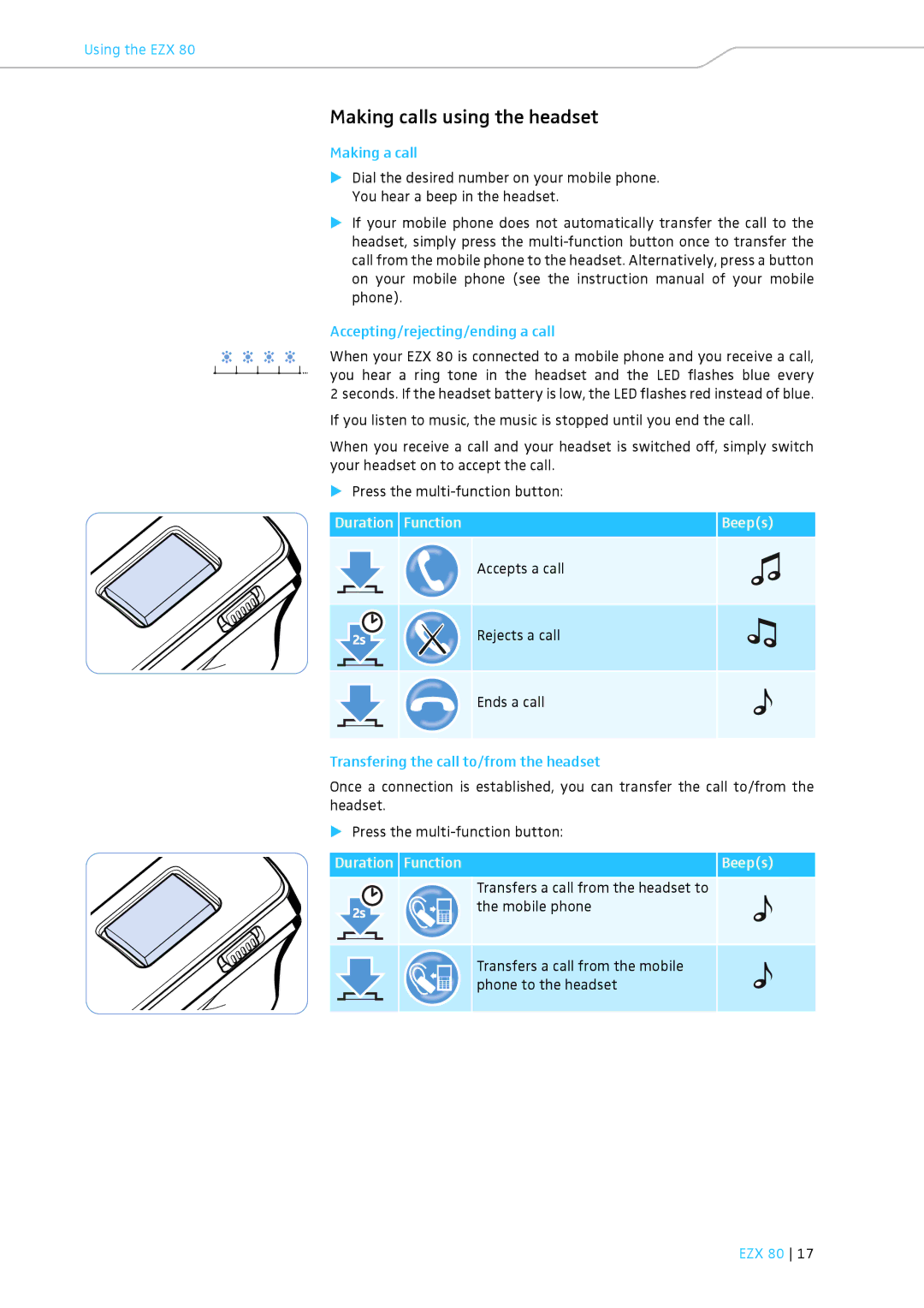 Sennheiser EZX 80 instruction manual Making calls using the headset, Making a call, Accepting/rejecting/ending a call 