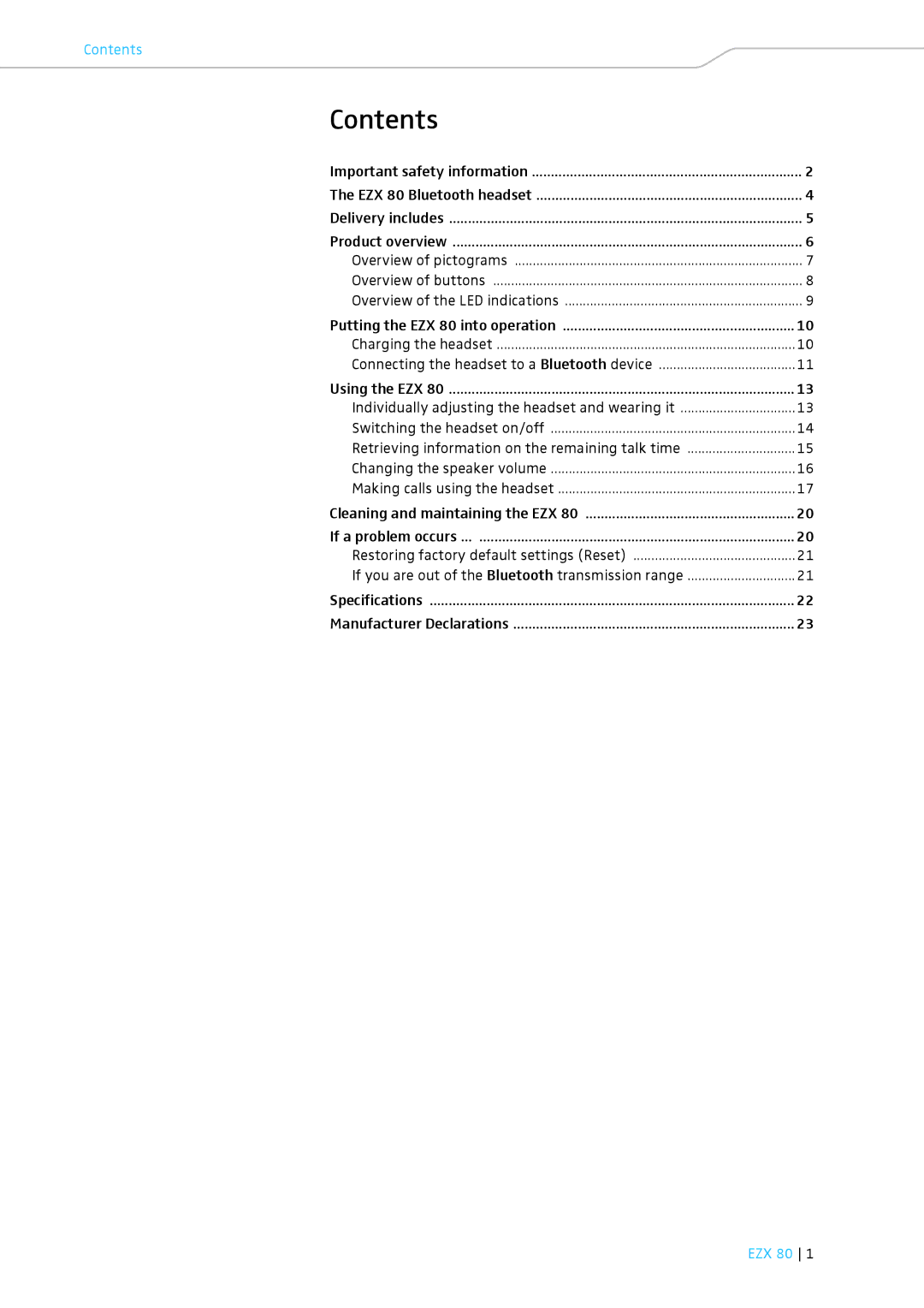 Sennheiser EZX 80 instruction manual Contents 