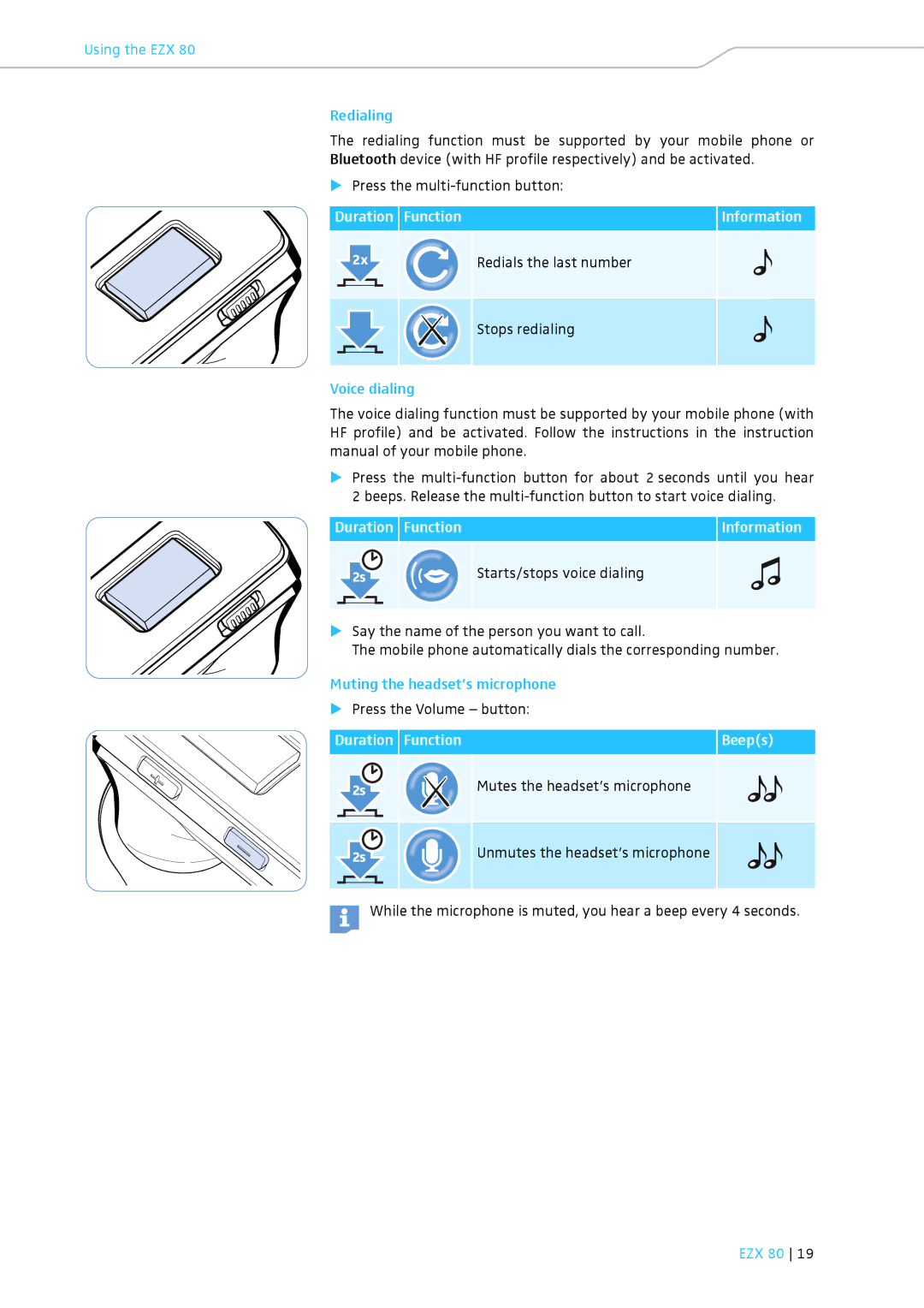 Sennheiser EZX 80 Using the EZX Redialing, Duration Function Information Redials the last number, Voice dialing 