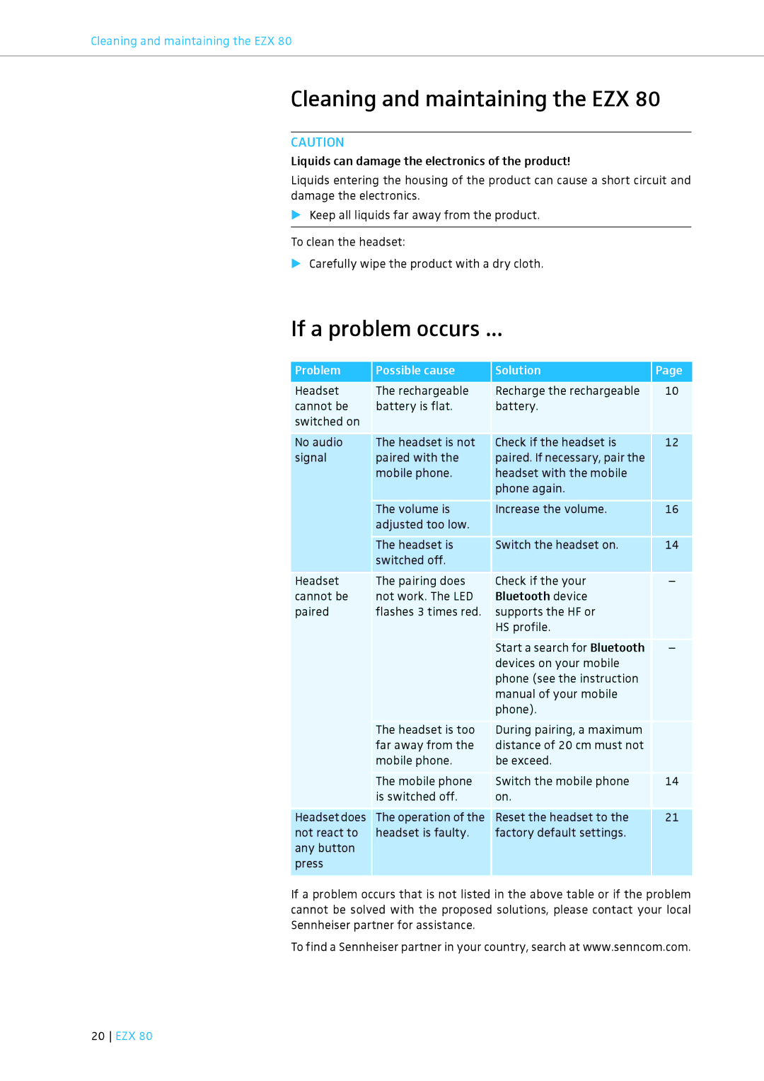 Sennheiser EZX 80 instruction manual Cleaning and maintaining the EZX, If a problem occurs, Problem Possible cause Solution 