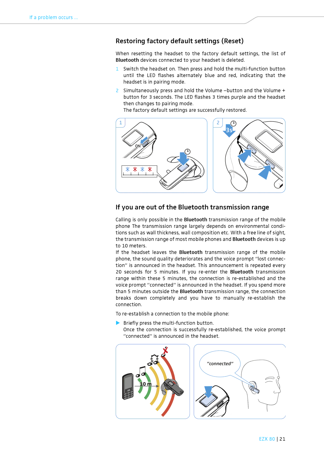 Sennheiser EZX 80 Restoring factory default settings Reset, If you are out of the Bluetooth transmission range 
