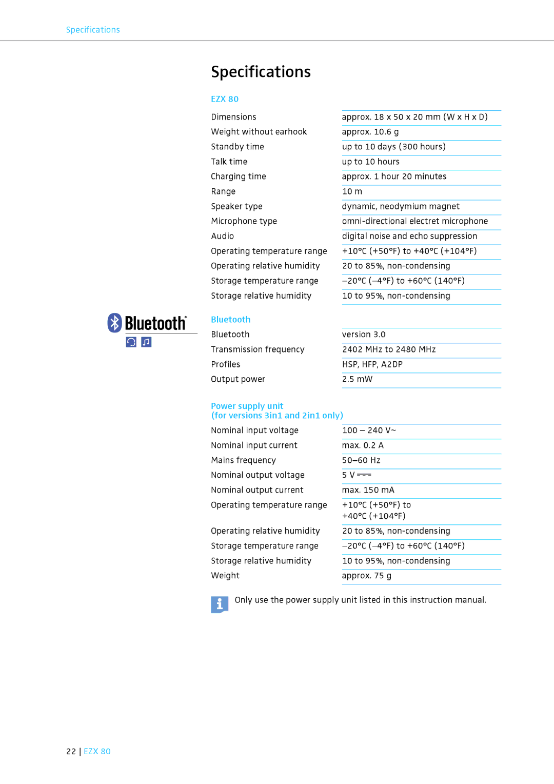 Sennheiser EZX 80 instruction manual Specifications, Power supply unit For versions 3in1 and 2in1 only 