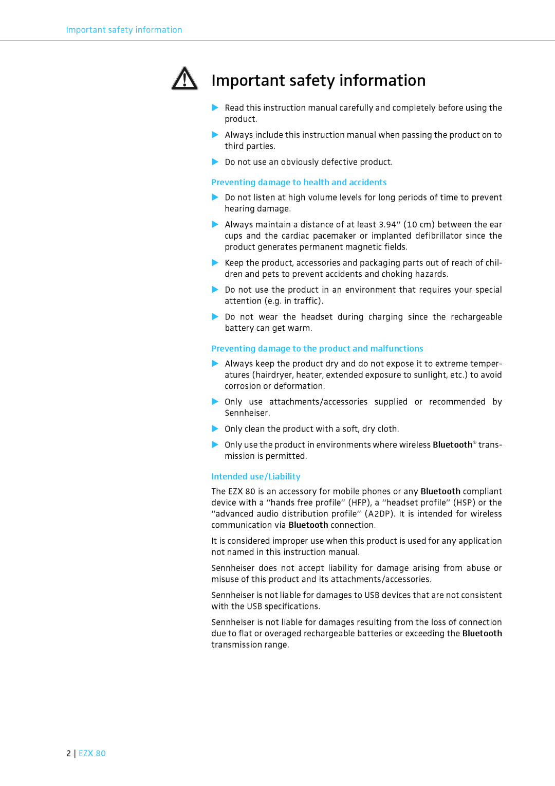 Sennheiser EZX 80 instruction manual Important safety information 