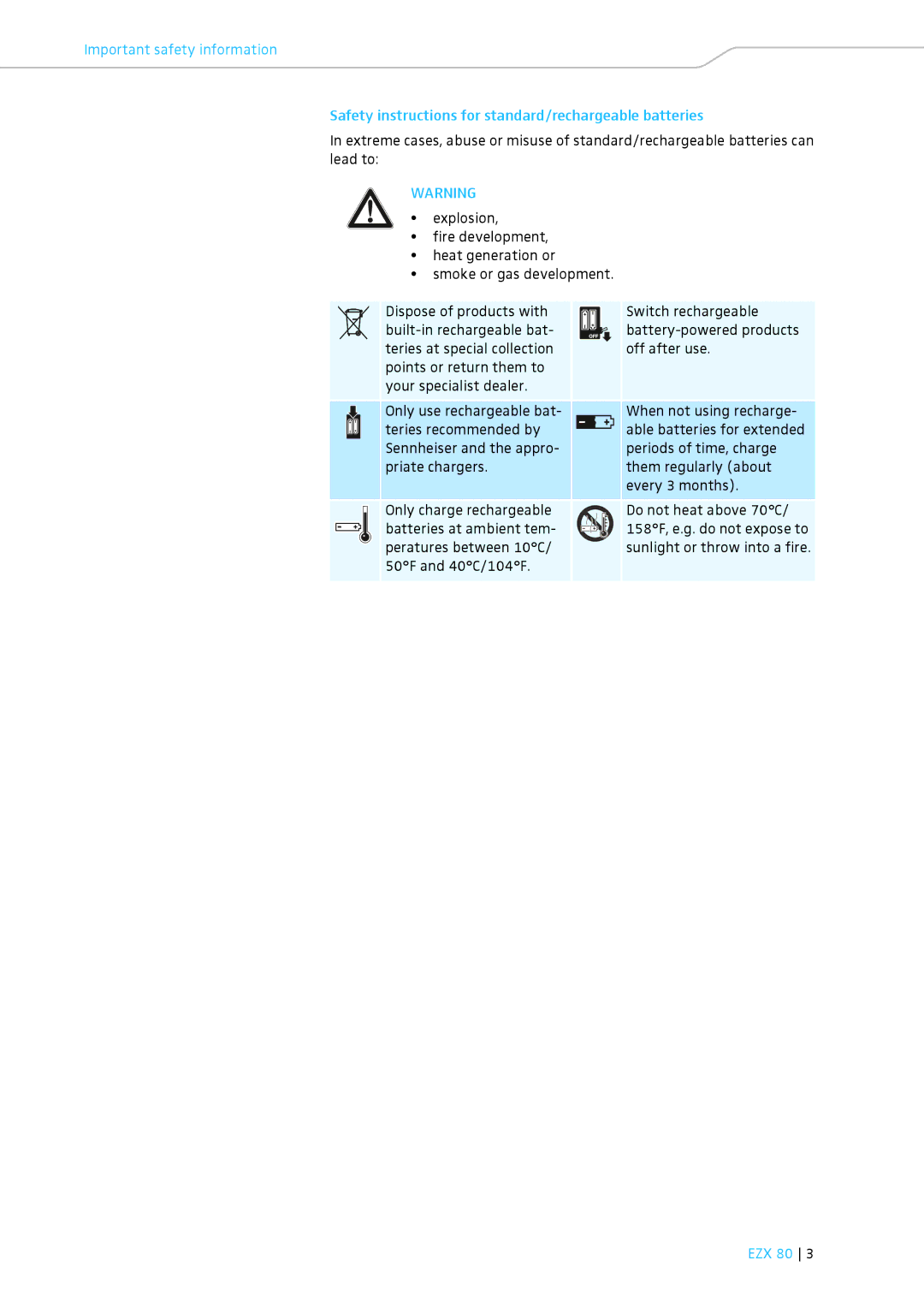 Sennheiser EZX 80 instruction manual 158F, e.g. do not expose to 