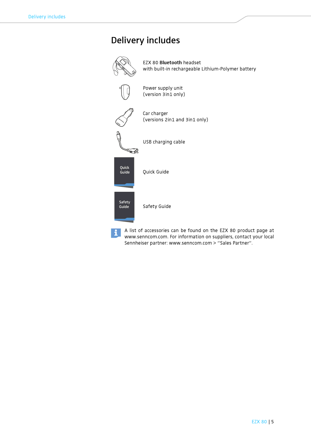 Sennheiser EZX 80 instruction manual Delivery includes 