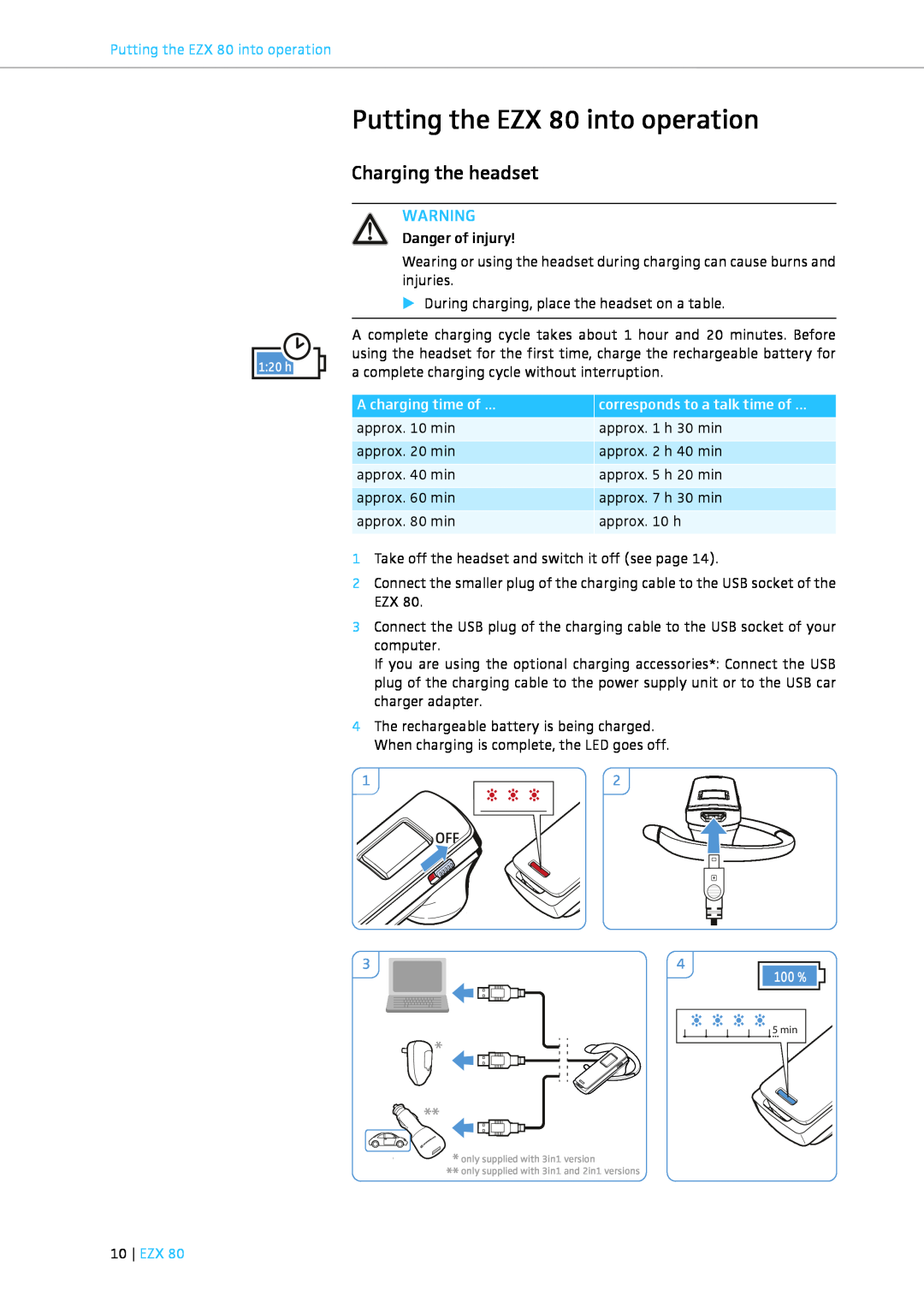Sennheiser instruction manual Putting the EZX 80 into operation, Charging the headset, 10 EZX 