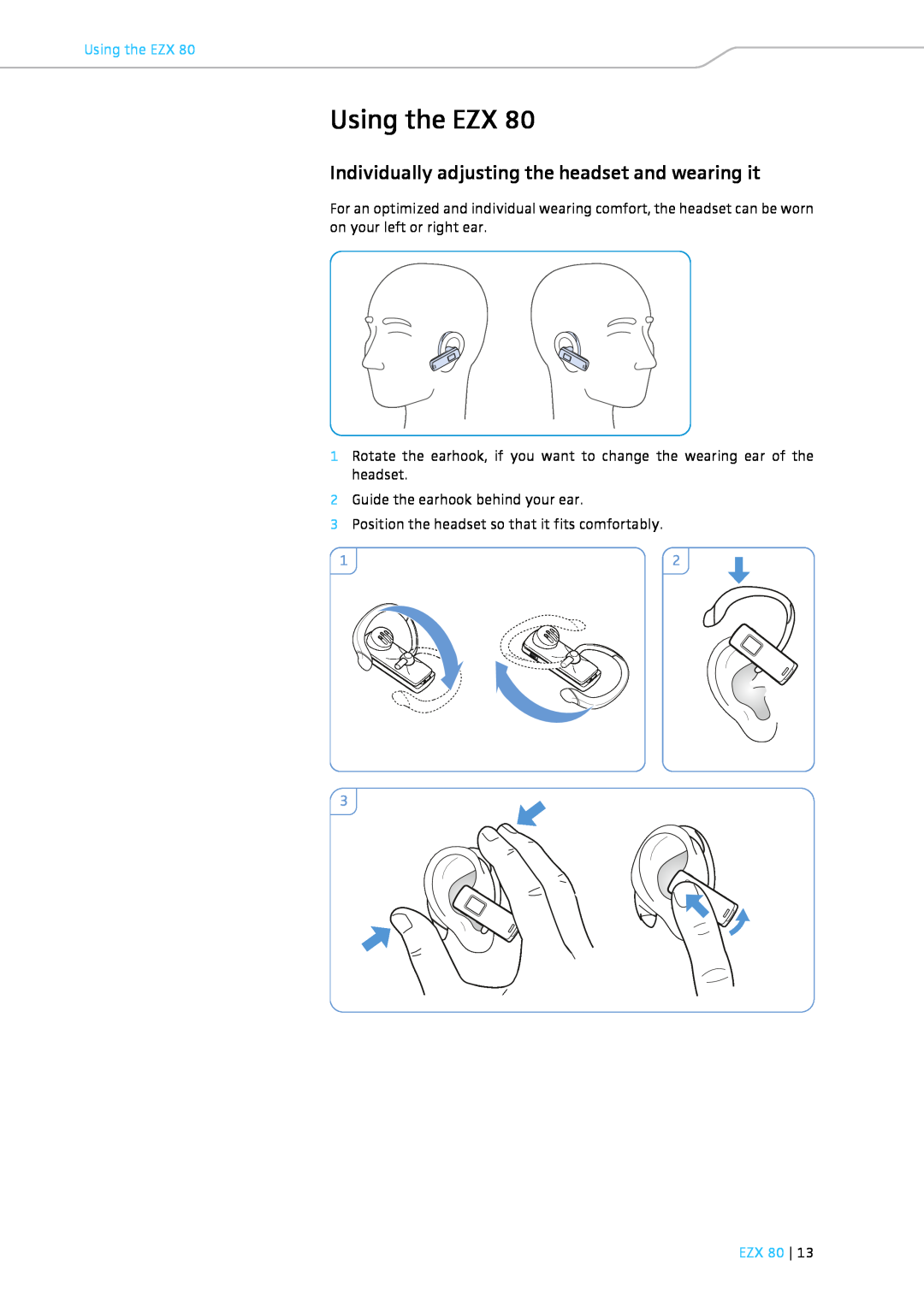 Sennheiser EZX 80 instruction manual Using the EZX, Individually adjusting the headset and wearing it, Ezx 