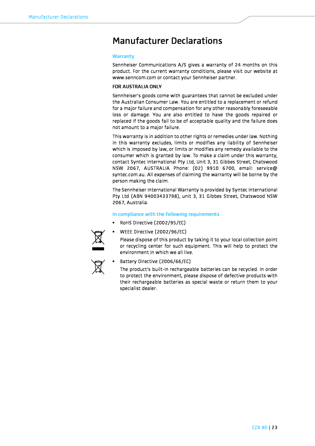 Sennheiser EZX 80 Manufacturer Declarations, Warranty, In compliance with the following requirements, Ezx 