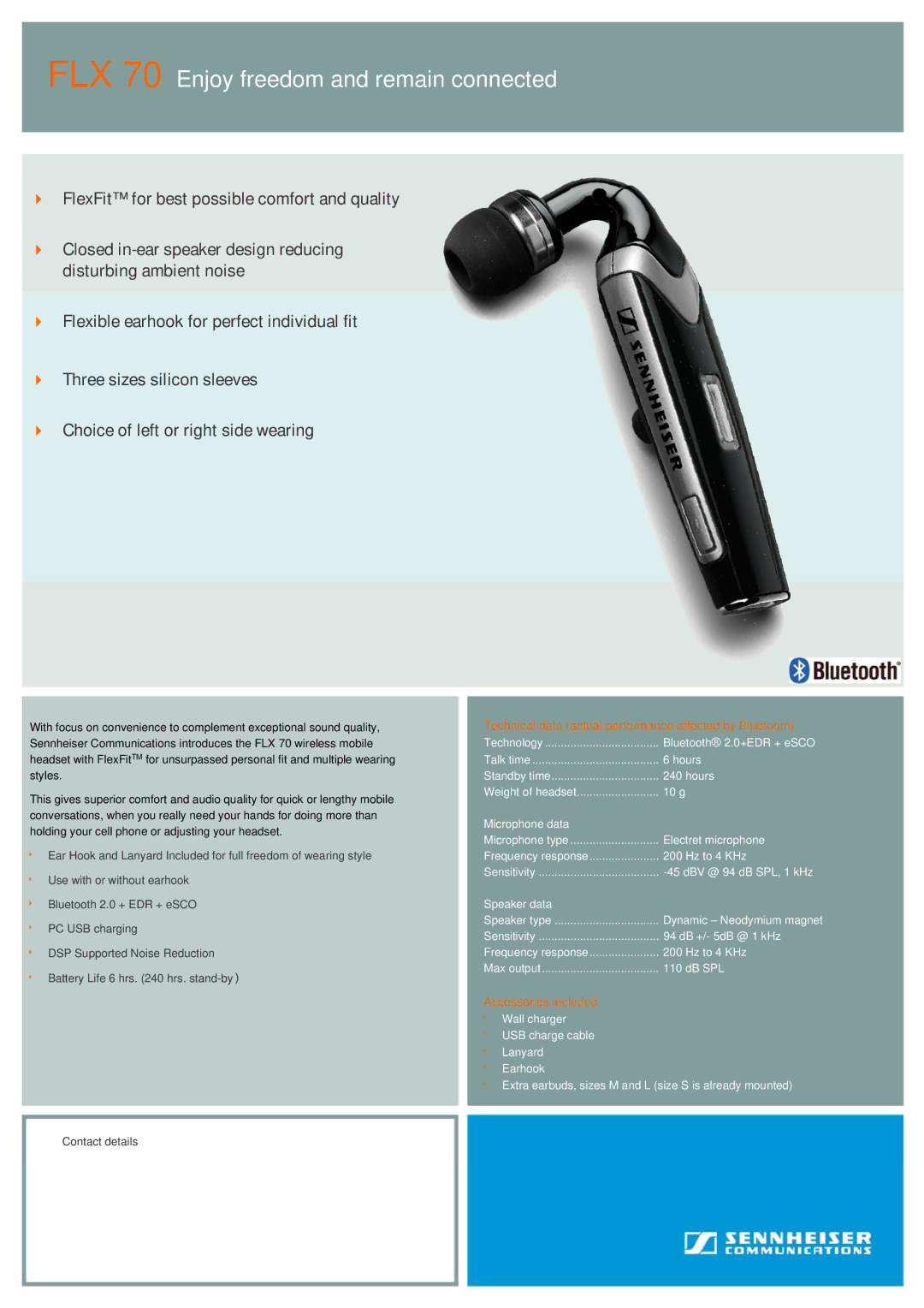 Sennheiser manual FLX 70 Enjoy freedom and remain connected, Technical data actual performance affected by Bluetooth 