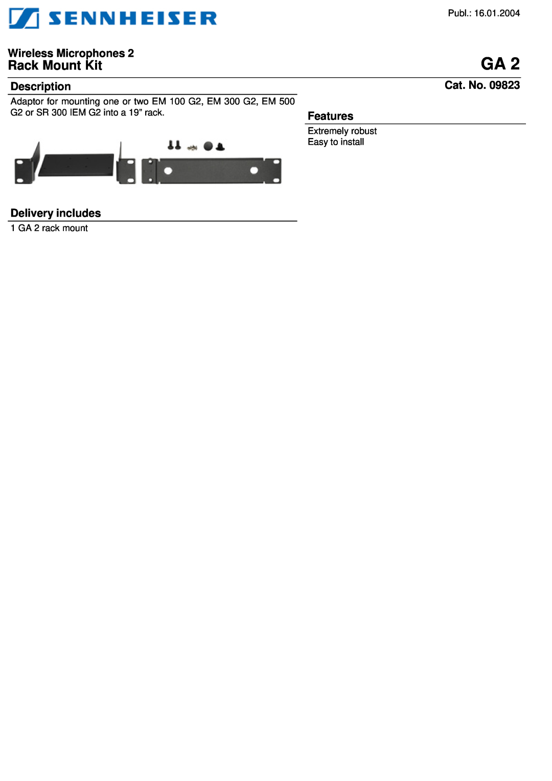 Sennheiser GA 2 manual Rack Mount Kit, Wireless Microphones, Description, Cat. No, Features, Delivery includes, Publ 