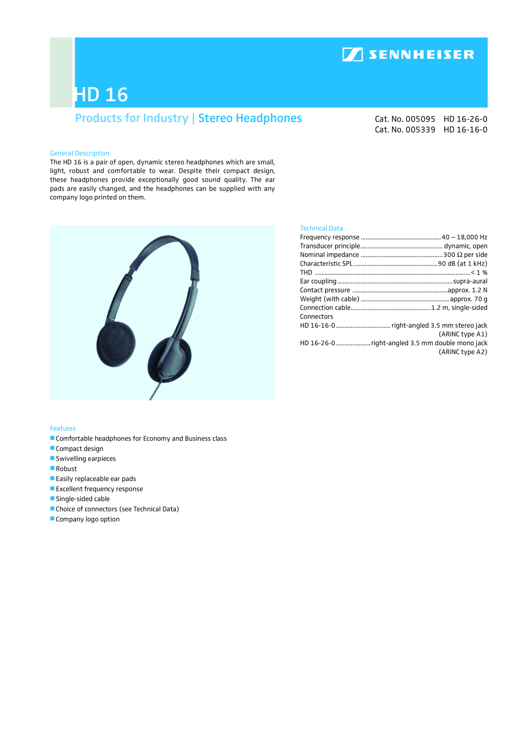 Sennheiser HD 16 manual Products for Industry | Stereo Headphones, Cat. No, General Description, Technical Data, Features 