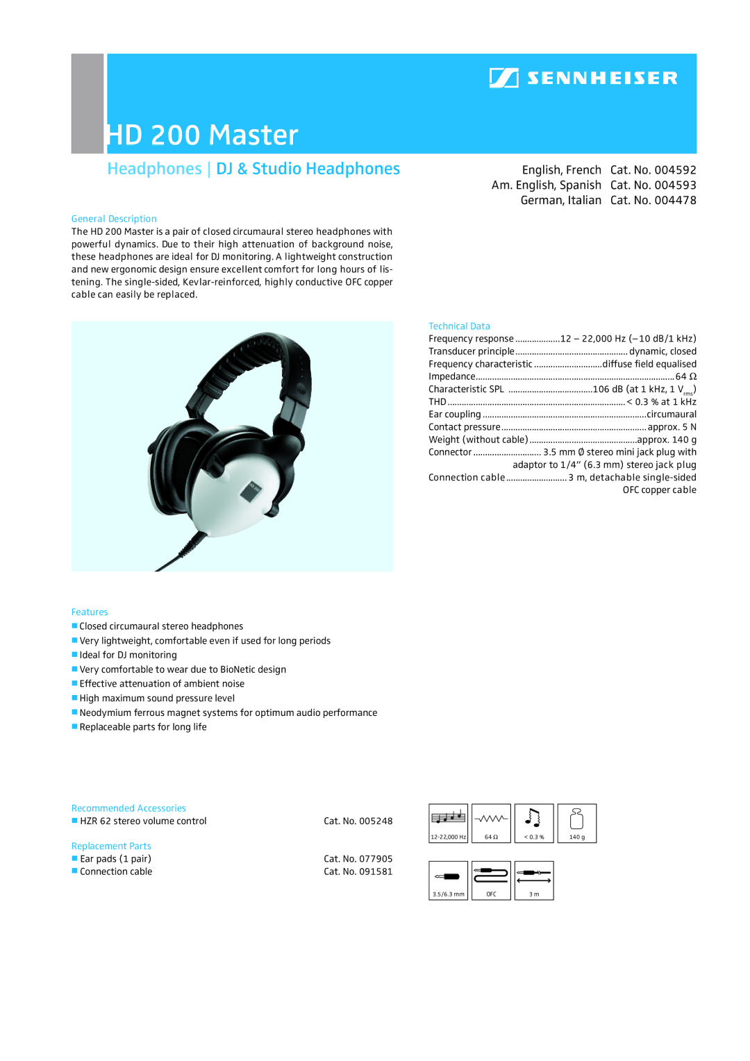 Sennheiser manual HD 200 Master, Headphones DJ & Studio Headphones 