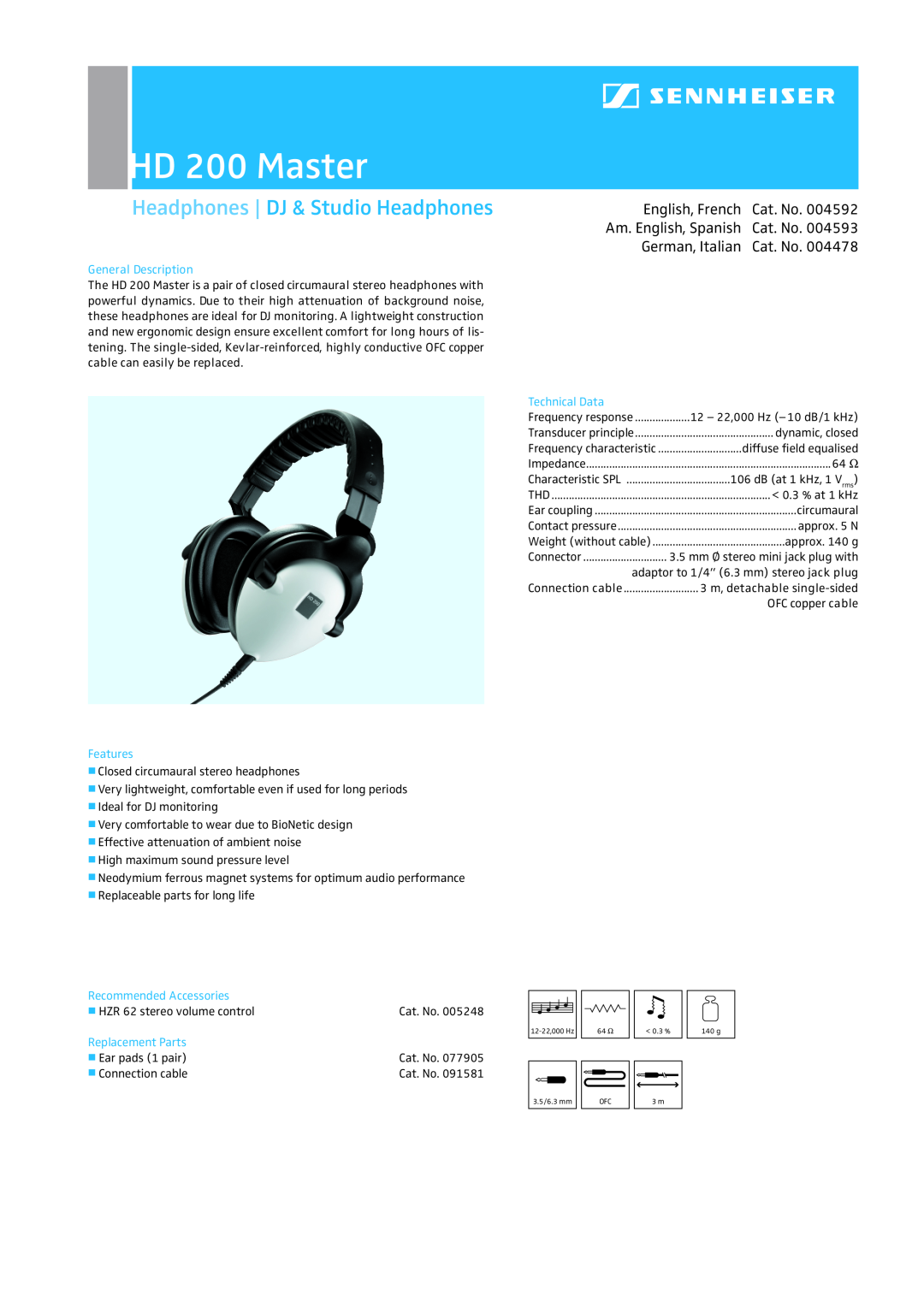 Sennheiser manual HD 200 Master, Headphones DJ & Studio Headphones, General Description, Technical Data, Features 
