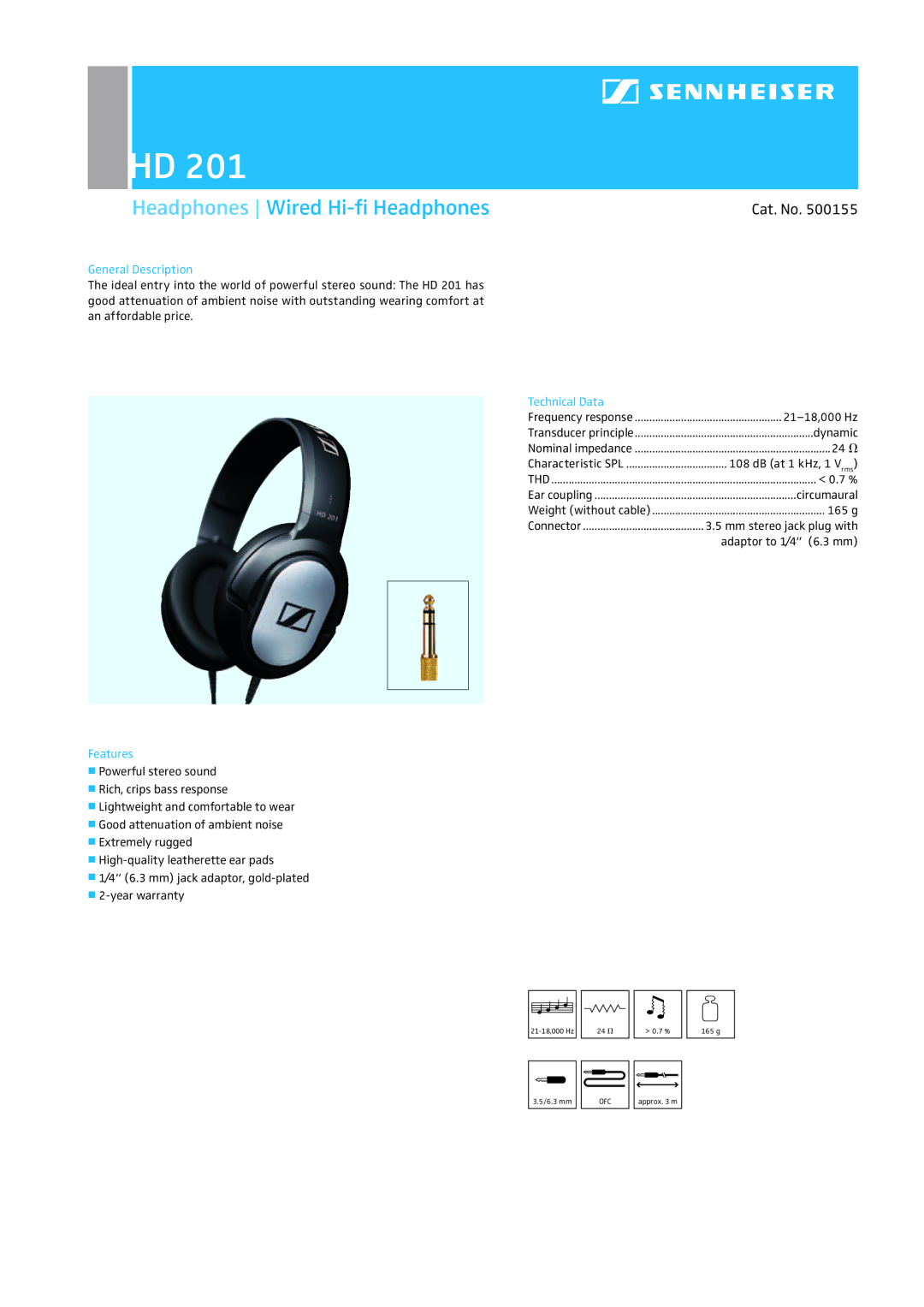 Sennheiser HD 201 warranty Headphones Wired Hi-ﬁ Headphones, Cat. No, General Description, Technical Data, Features 