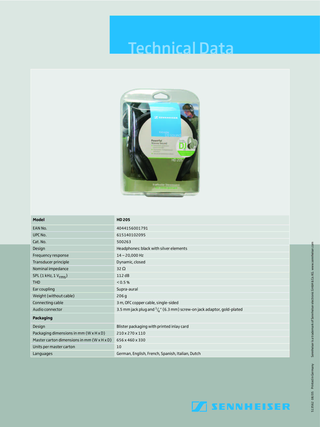 Sennheiser HD 205 warranty TechnicalData, Model HD205, Thd, Packaging 