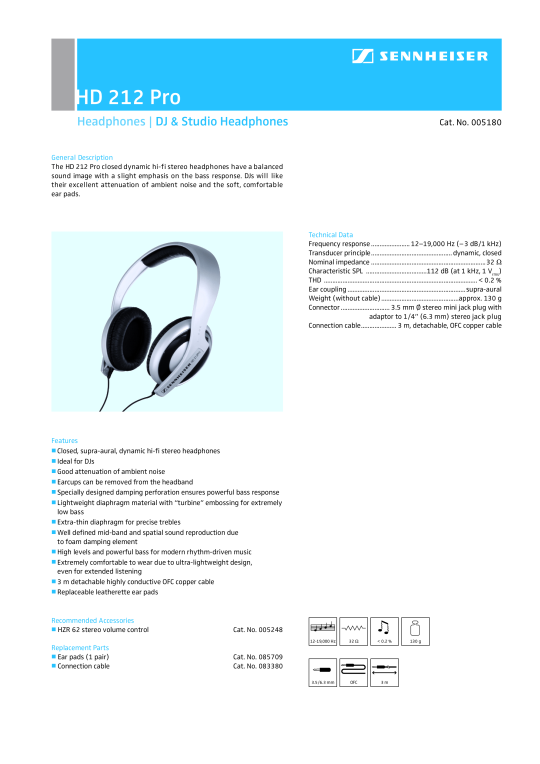 Sennheiser HD 212 Pro manual Headphones DJ & Studio Headphones, Cat. No, General Description, Technical Data, Features 
