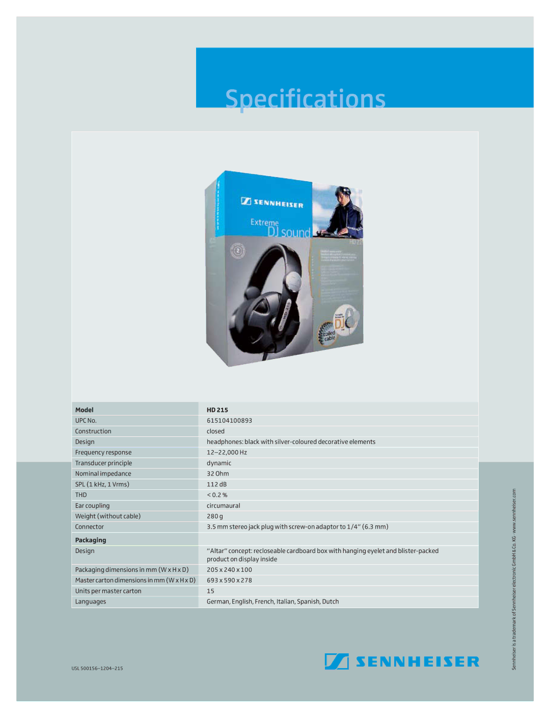 Sennheiser HD 215 warranty Specifications, Model, Thd, Packaging 