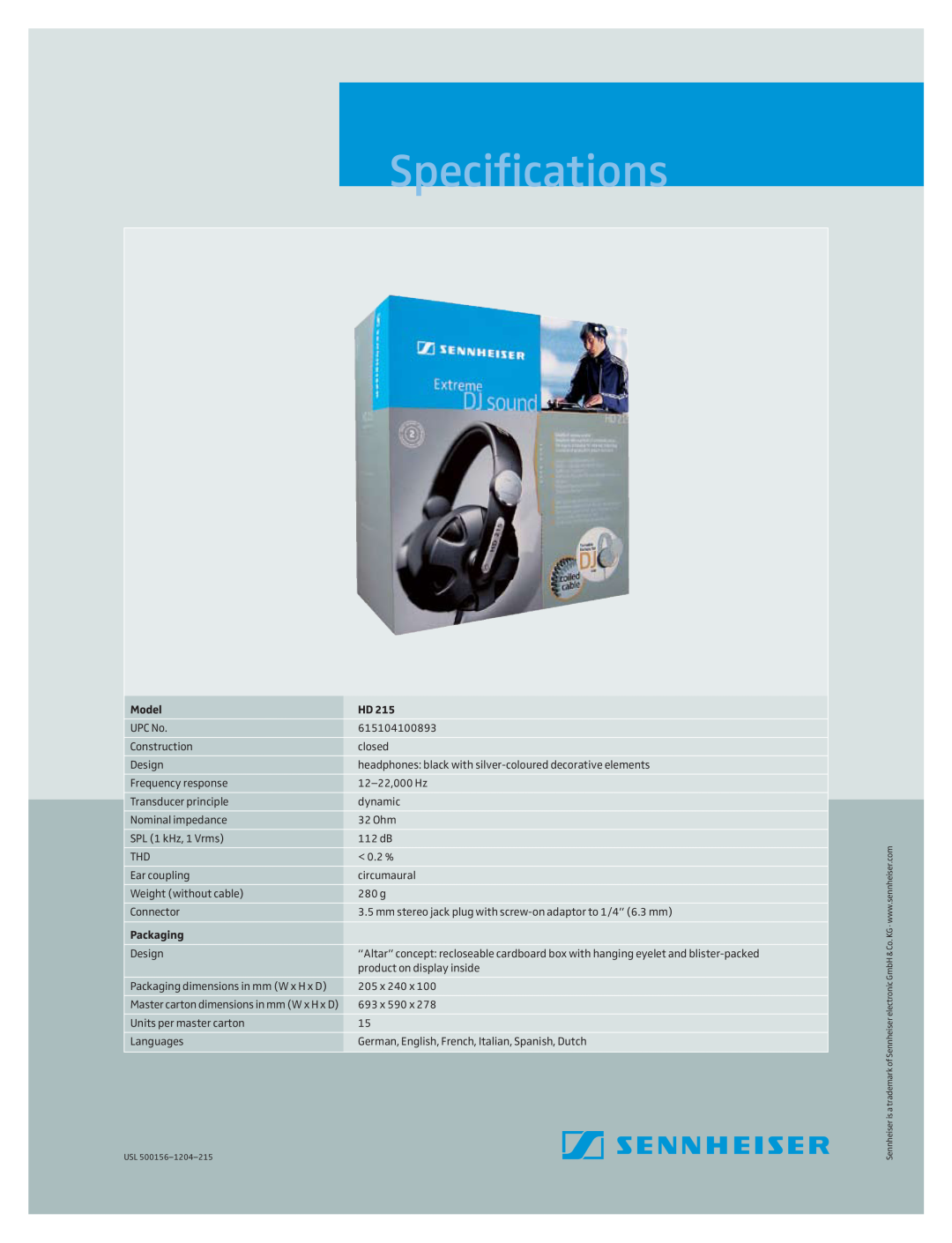 Sennheiser HD 215 warranty Specifications, Model, Packaging 