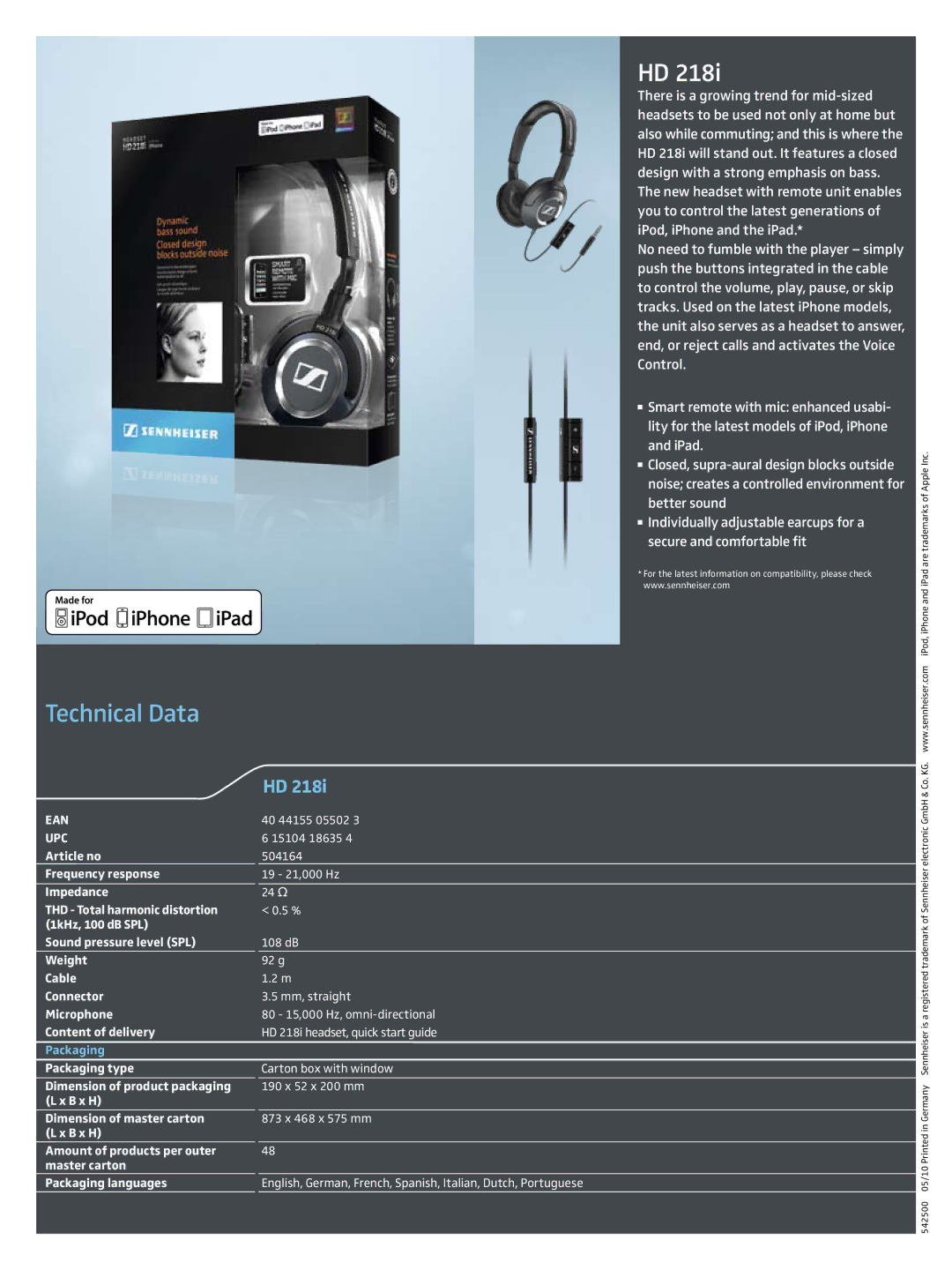 Sennheiser HD 218i manual Technical Data, Ean, Upc 