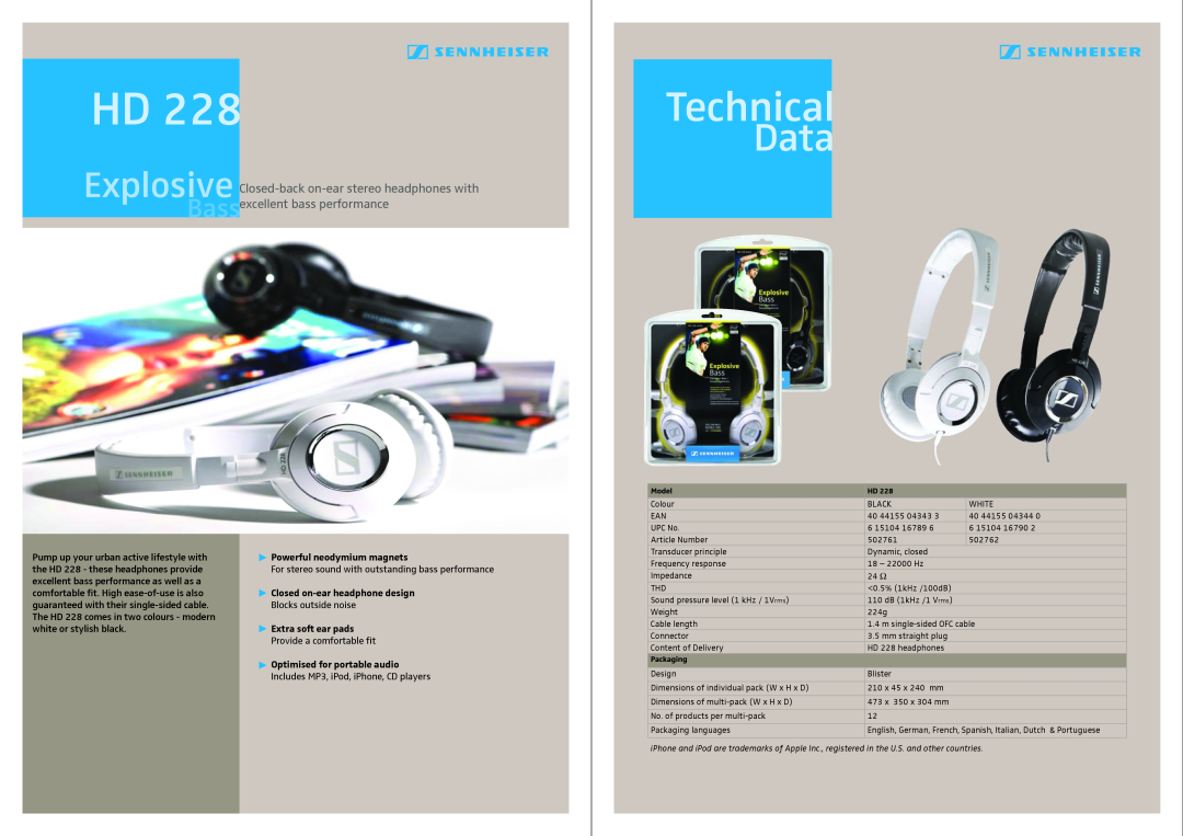 Sennheiser HD 228 dimensions Technical, Data, Powerful neodymium magnets, Closed on-earheadphone design 