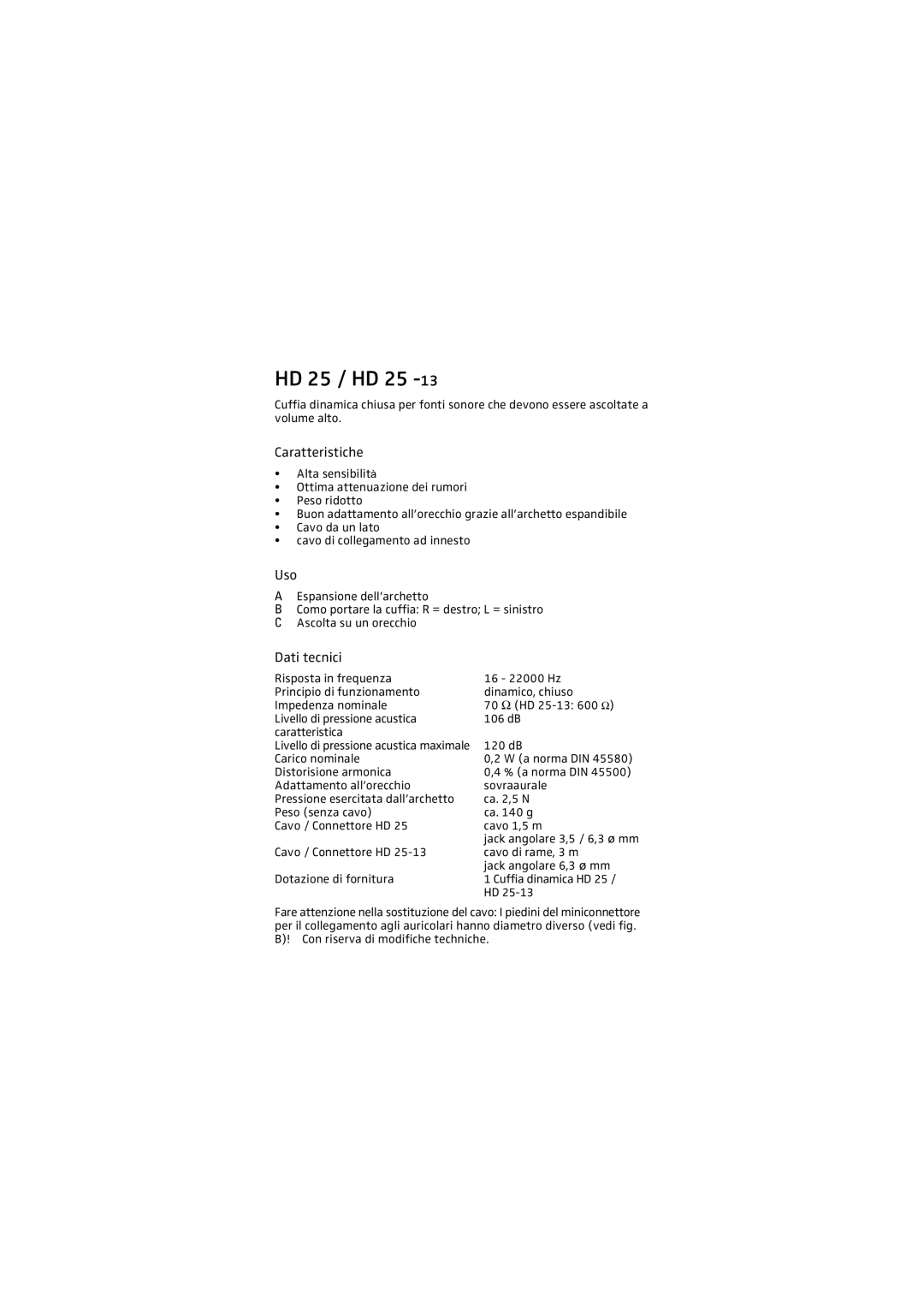 Sennheiser HD 25 - 13 manual Caratteristiche, Dati tecnici, HD 25 / HD 
