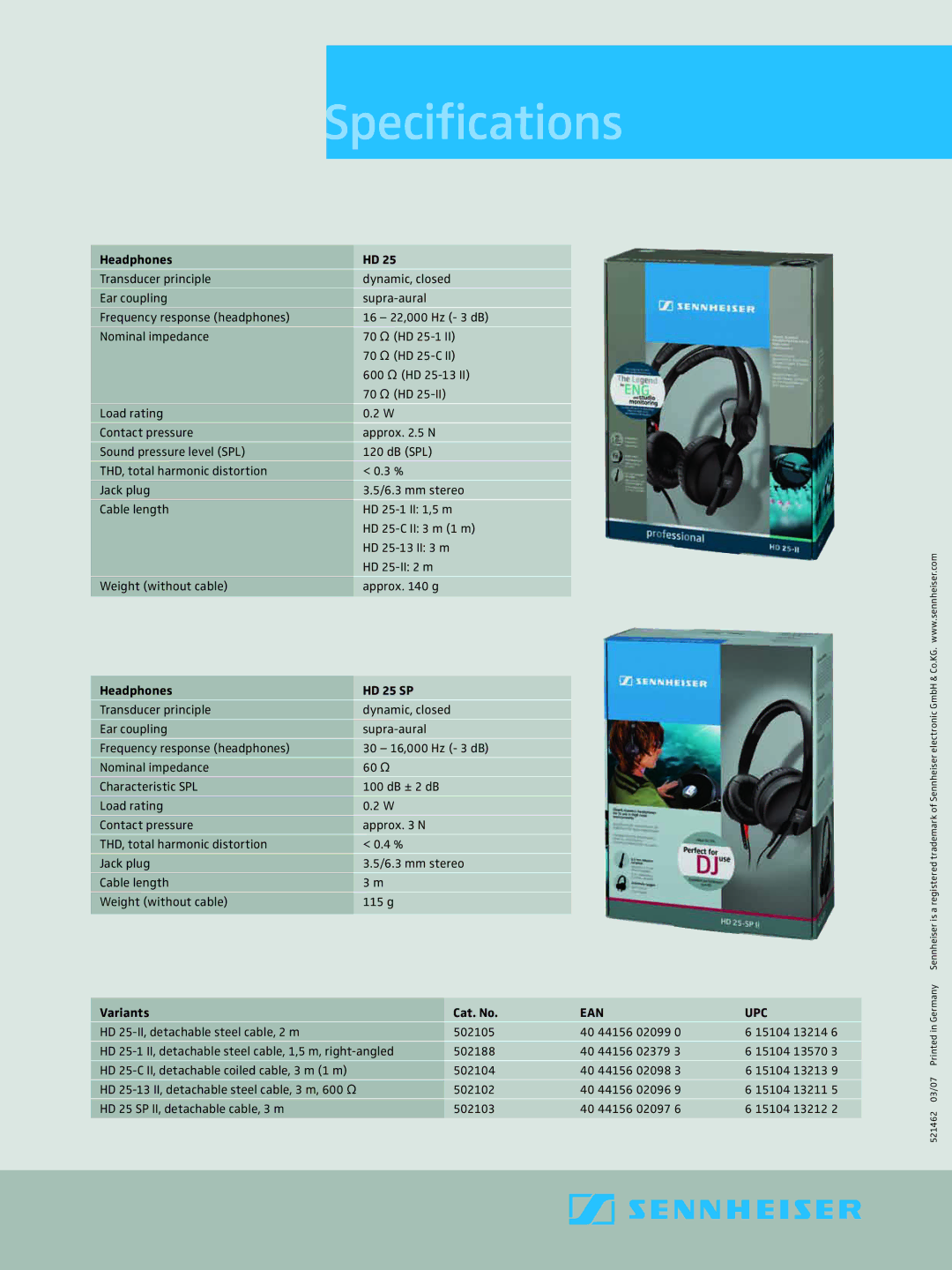 Sennheiser manual Specifications, Headphones HD 25 SP, Variants Cat. No, Ean Upc 