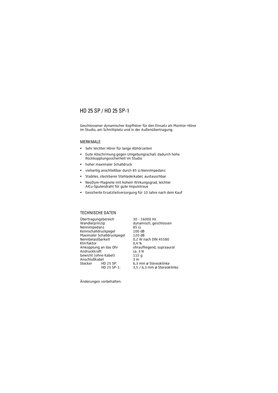 Sennheiser manual HD 25 SP / HD 25 SP-1, Merkmale, Technische Daten 