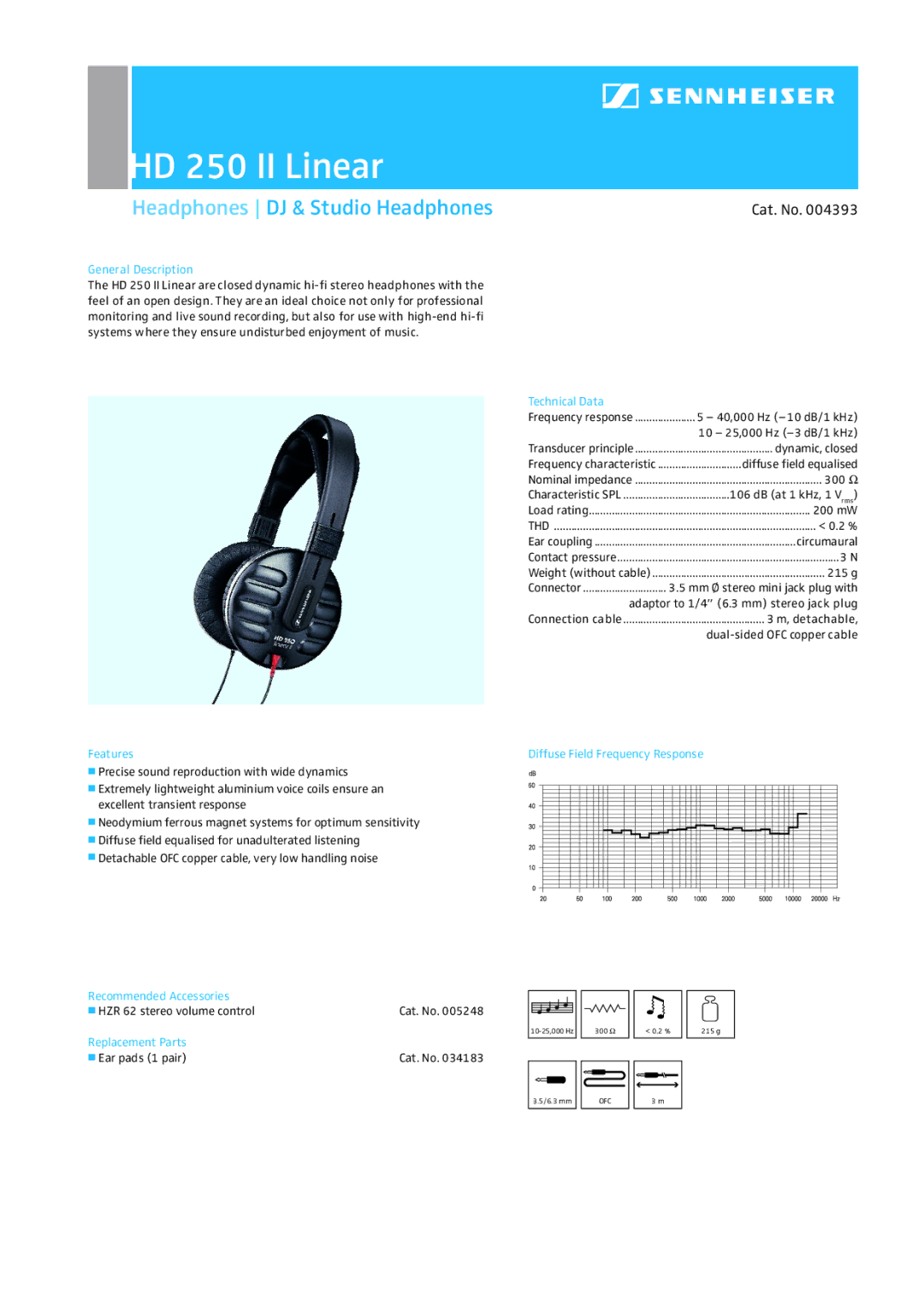 Sennheiser manual HD 250 II Linear, Headphones DJ & Studio Headphones, Cat. No 