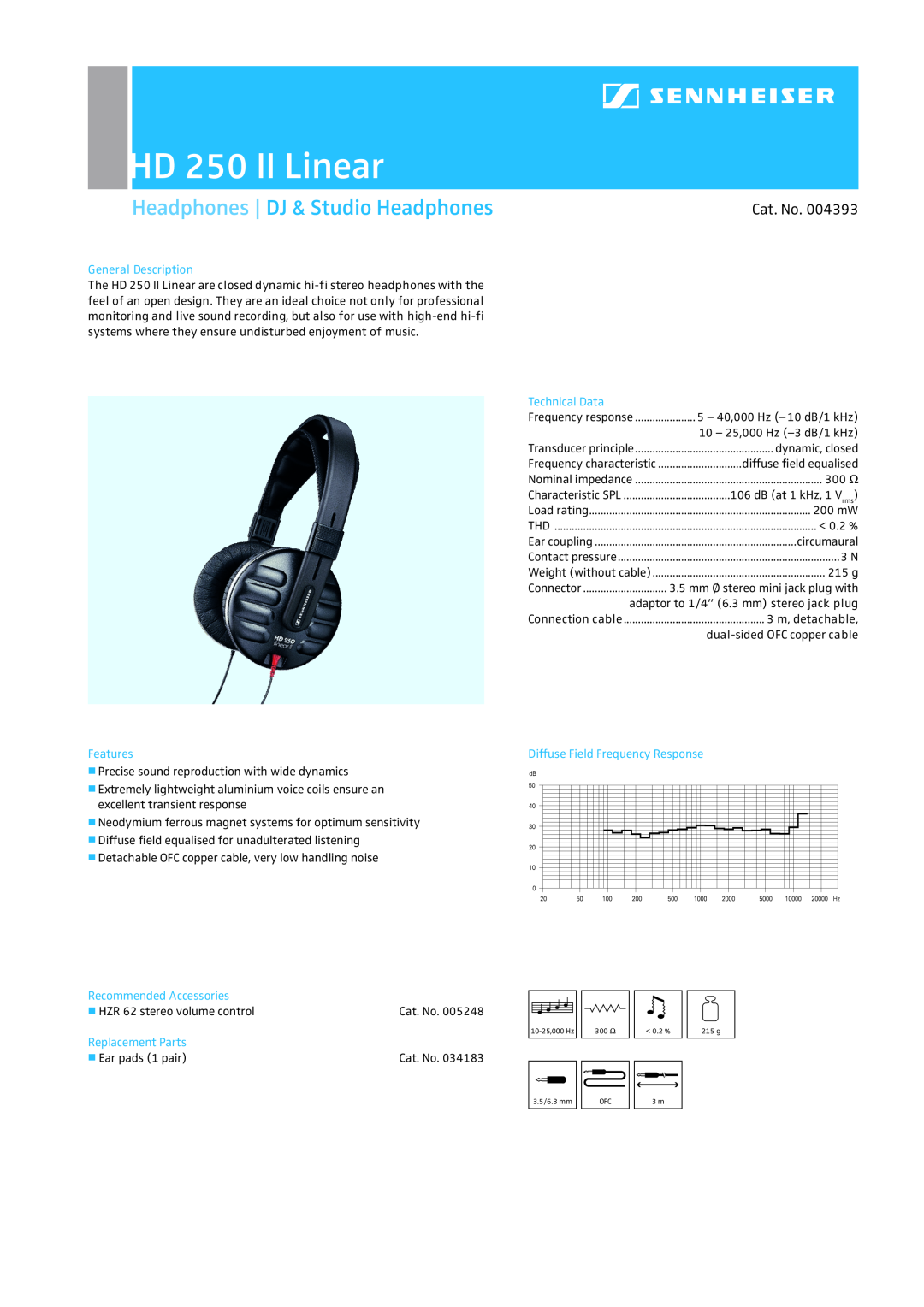 Sennheiser manual HD 250 II Linear, Headphones DJ & Studio Headphones, Cat. No, General Description, Technical Data 