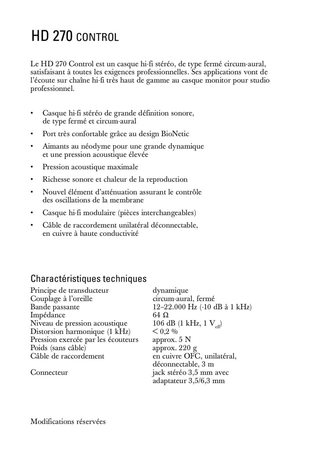 Sennheiser HD 270 Control manual Charactéristiques techniques 