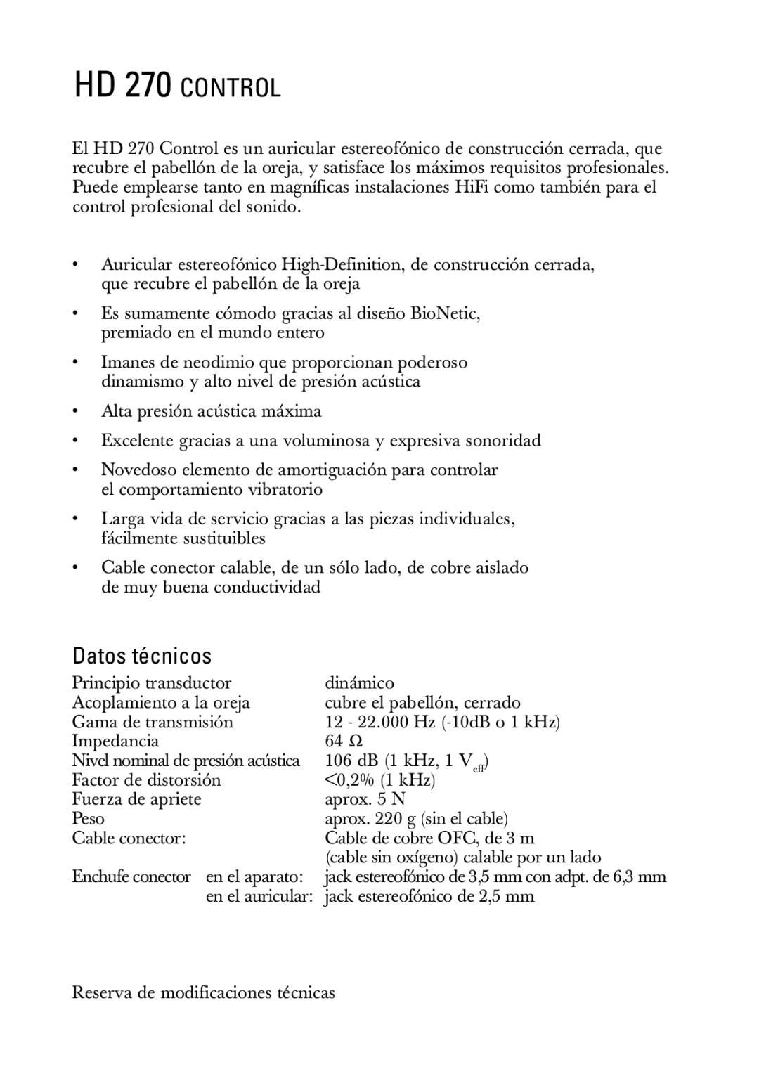 Sennheiser HD 270 Control manual Datos técnicos 