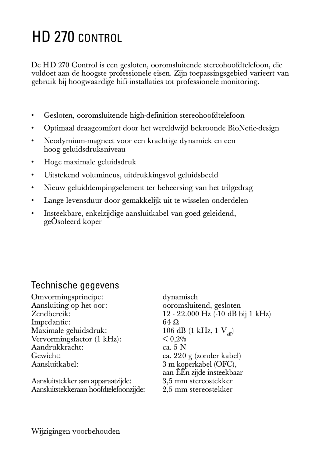 Sennheiser HD 270 Control manual Technische gegevens 