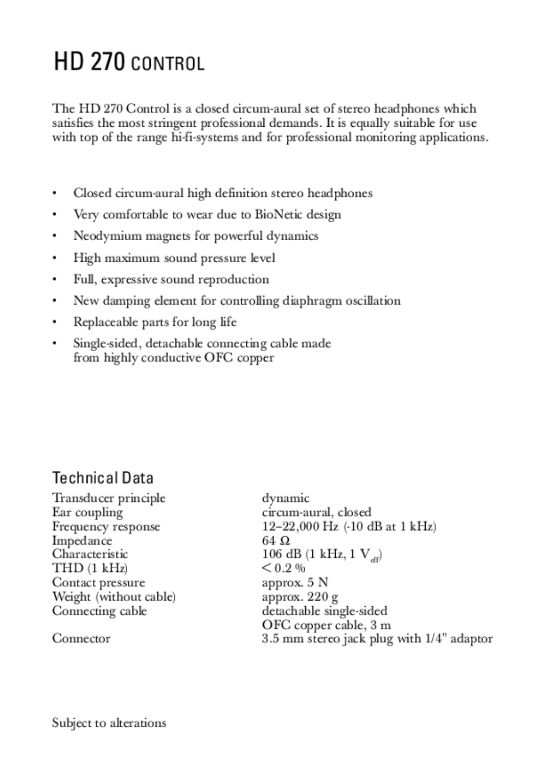 Sennheiser HD 270 manual Technical Data 