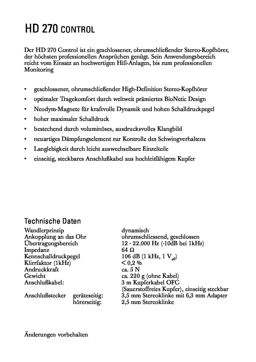 Sennheiser manual HD 270 CONTROL, Technische Daten 
