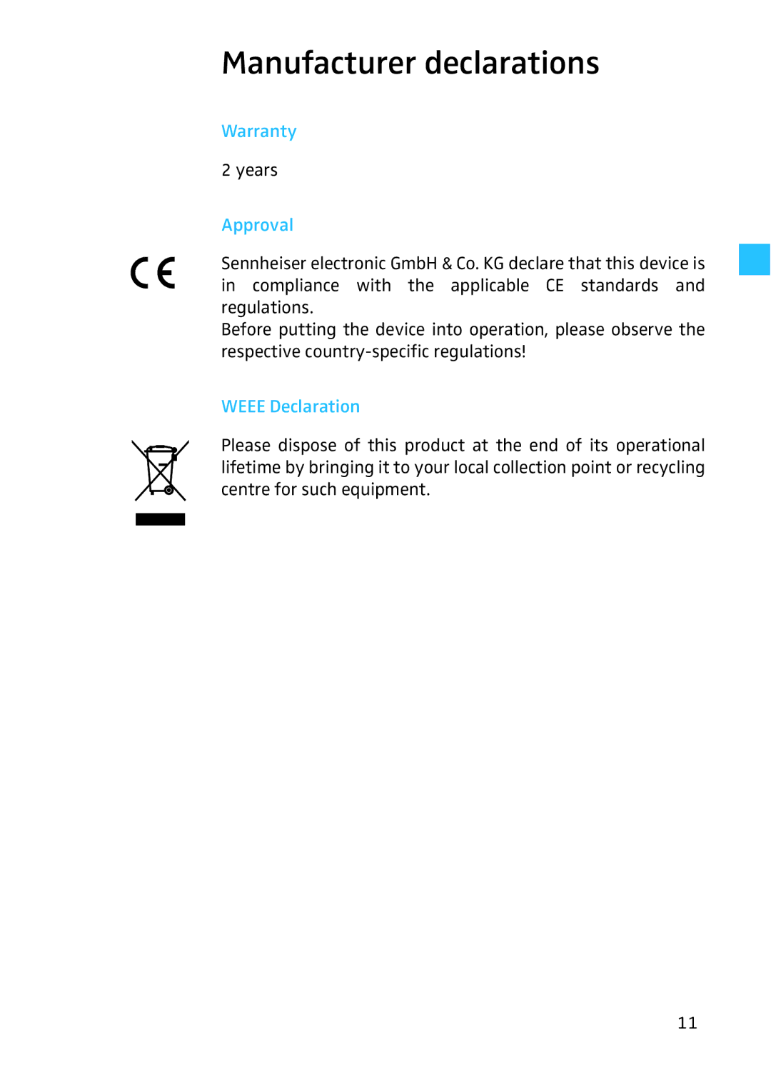 Sennheiser HD 280, 4974 instruction manual Manufacturer declarations, Warranty, Approval, Weee Declaration 